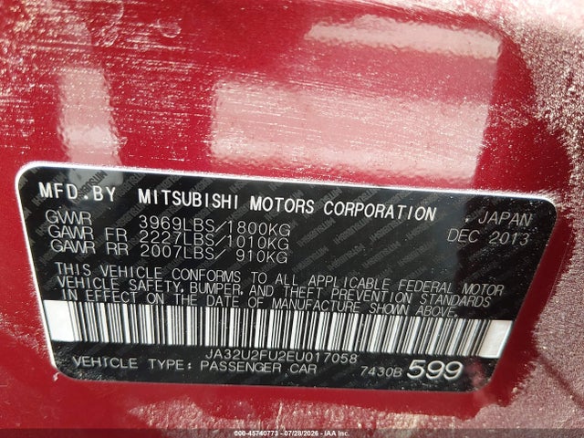 45740773 :رقم المزاد ، JA32U2FU2EU017058 vin ، 2014 Mitsubishi Lancer Es مزاد بيع