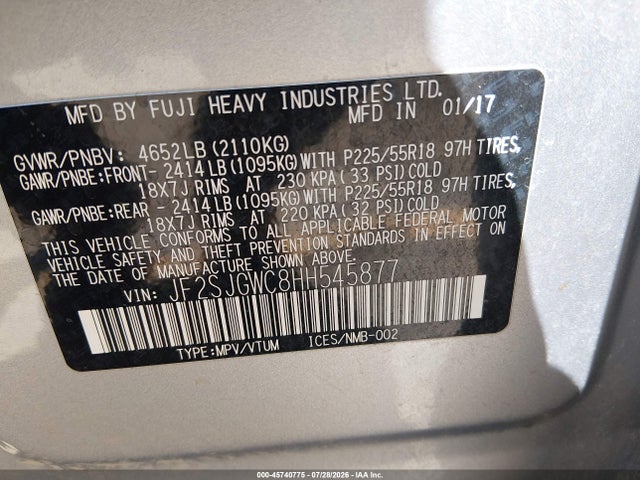 45740775 :رقم المزاد ، JF2SJGWC8HH545877 vin ، 2017 Subaru Forester 2.0xt Touring مزاد بيع