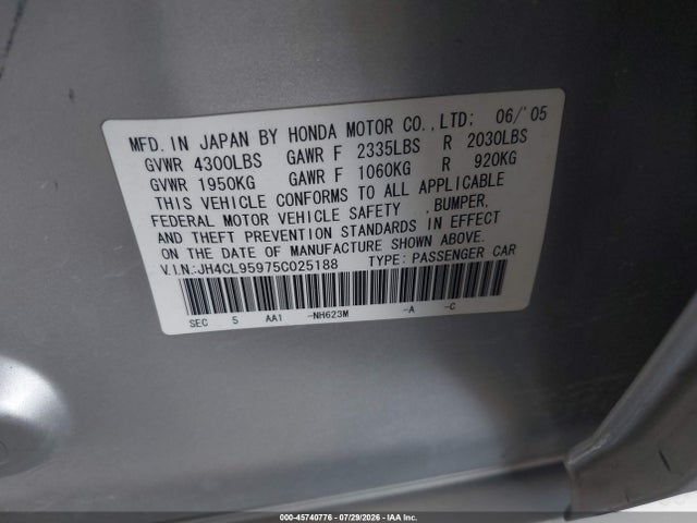 45740776 :رقم المزاد ، JH4CL95975C025188 vin ، 2005 Acura Tsx مزاد بيع