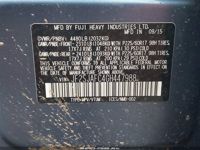 45740778 :رقم المزاد ، JF2SJAFC4GH447988 vin ، 2016 Subaru Forester 2.5i Premium مزاد بيع