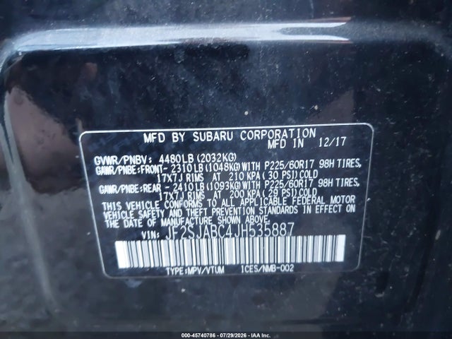 2018 Subaru Forester 2.5i მანქანა იყიდება აუქციონზე, vin: JF2SJABC4JH535887, აუქციონის ნომერი: 45740786