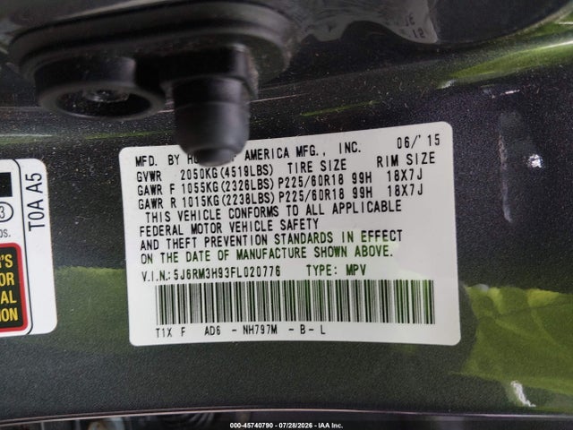 Aukcja sprzedaży 2015 Honda Cr-v Touring, vin: 5J6RM3H93FL020776, numer aukcji: 45740790