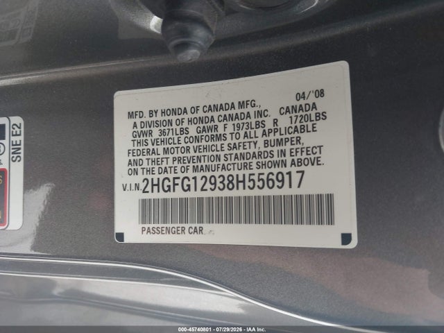 2008 Honda Civic Ex-l მანქანა იყიდება აუქციონზე, vin: 2HGFG12938H556917, აუქციონის ნომერი: 45740801