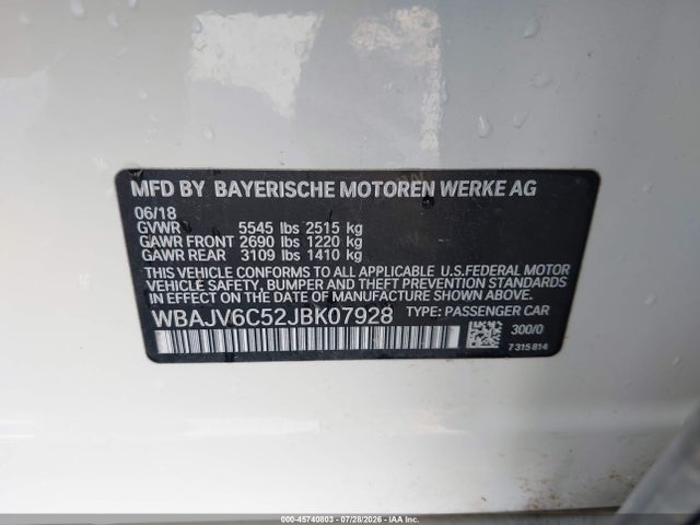 2018 Bmw 640i Gran Turismo Xdrive მანქანა იყიდება აუქციონზე, vin: WBAJV6C52JBK07928, აუქციონის ნომერი: 45740803