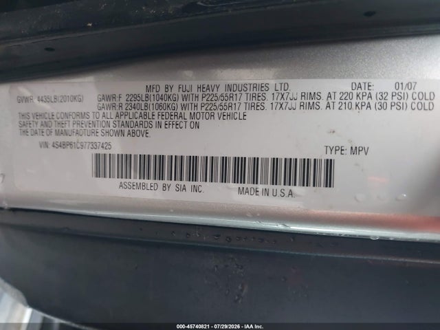 2007 Subaru Outback 2.5i მანქანა იყიდება აუქციონზე, vin: 4S4BP61C977337425, აუქციონის ნომერი: 45740821