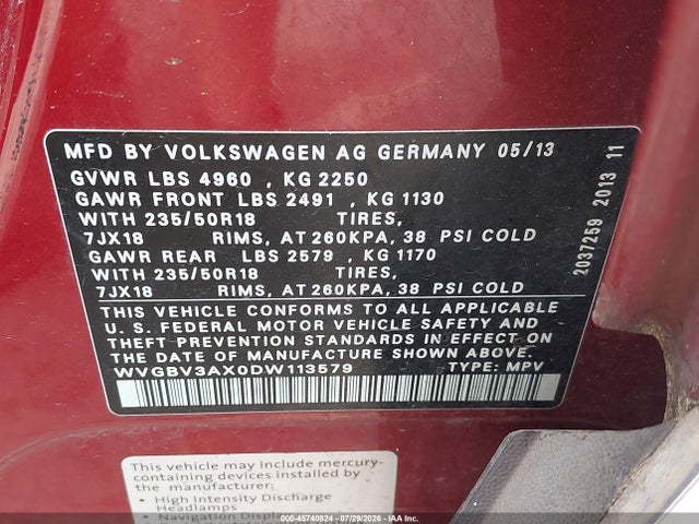 45740824 :رقم المزاد ، WVGBV3AX0DW113579 vin ، 2013 Volkswagen Tiguan Se مزاد بيع