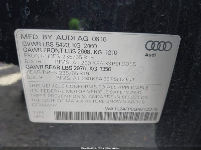 Auction sale of the 2016 Audi Q5 2.0t Premium, vin: WA1L2AFP8GA012378, lot number: 45740825