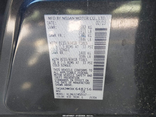 2013 Nissan Pathfinder Sv მანქანა იყიდება აუქციონზე, vin: 5N1AR2MM3DC648256, აუქციონის ნომერი: 45740827