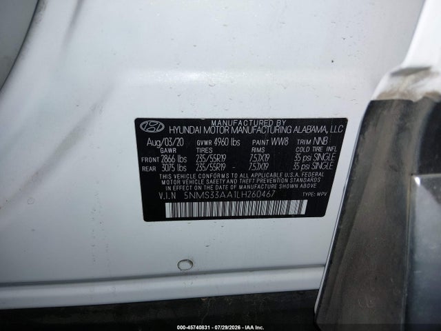 45740831 :رقم المزاد ، 5NMS33AA1LH260467 vin ، 2020 Hyundai Santa Fe Sel 2.0t مزاد بيع