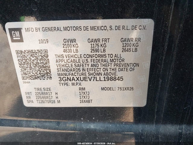 2020 Chevrolet Equinox Awd Lt 1.5l Turbo მანქანა იყიდება აუქციონზე, vin: 3GNAXUEV7LL198845, აუქციონის ნომერი: 45740834