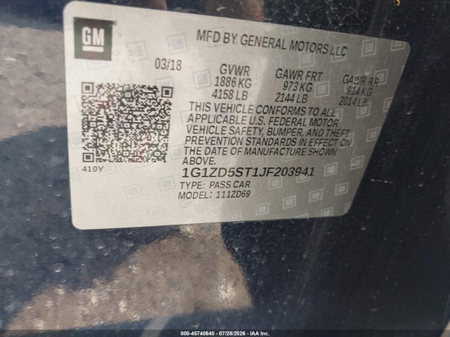 Aukcja sprzedaży 2018 Chevrolet Malibu Lt, vin: 1G1ZD5ST1JF203941, numer aukcji: 45740840