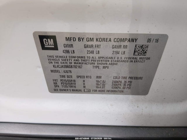 45740846 :رقم المزاد ، KL4CJASB6GB702167 vin ، 2016 Buick Encore مزاد بيع