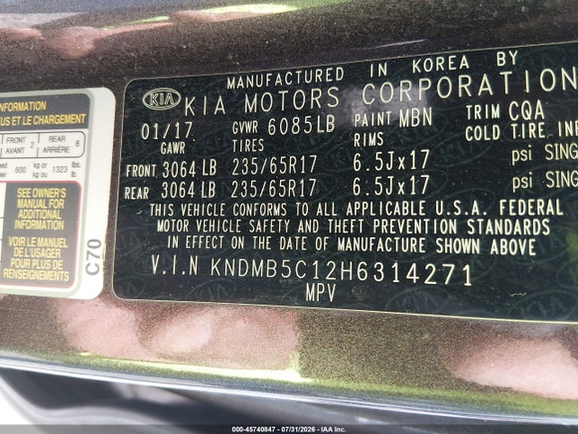 45740847 :رقم المزاد ، KNDMB5C12H6314271 vin ، 2017 Kia Sedona Lx مزاد بيع