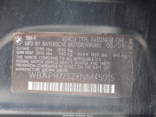 2009 Bmw 328i მანქანა იყიდება აუქციონზე, vin: WBAPH77529NM45015, აუქციონის ნომერი: 45740867