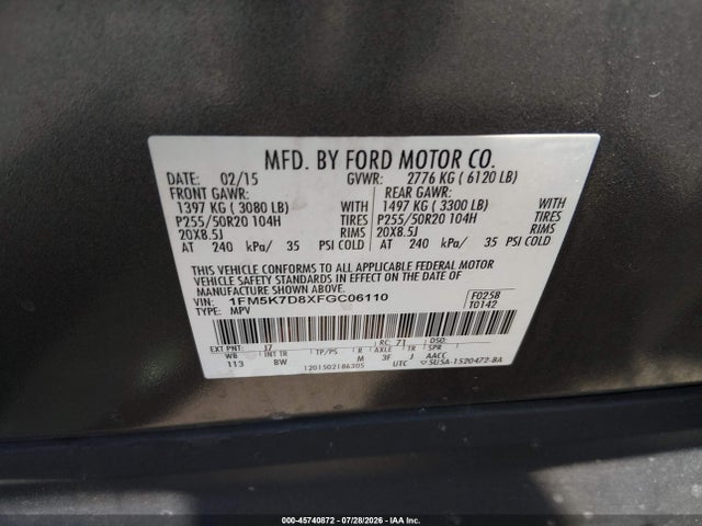 Ford EXPLORER XLT 2015 1FM5K7D8XFGC06110 Image 9