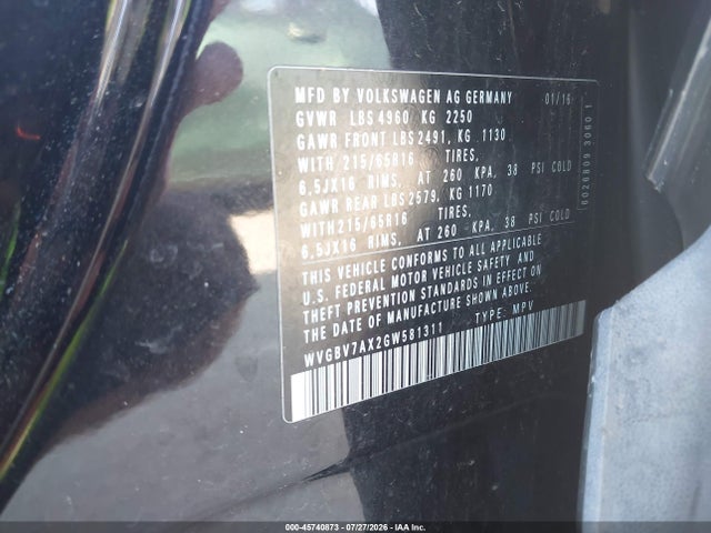 Aukcja sprzedaży 2016 Volkswagen Tiguan S, vin: WVGBV7AX2GW581311, numer aukcji: 45740873