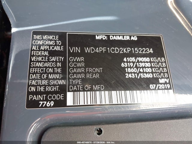 Aukcja sprzedaży 2019 Mercedes-benz Sprinter 2500 High Roof V6, vin: WD4PF1CD2KP152234, numer aukcji: 45740875