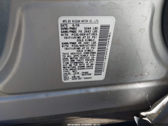 2009 Nissan Murano S მანქანა იყიდება აუქციონზე, vin: JN8AZ18U69W102005, აუქციონის ნომერი: 45740879