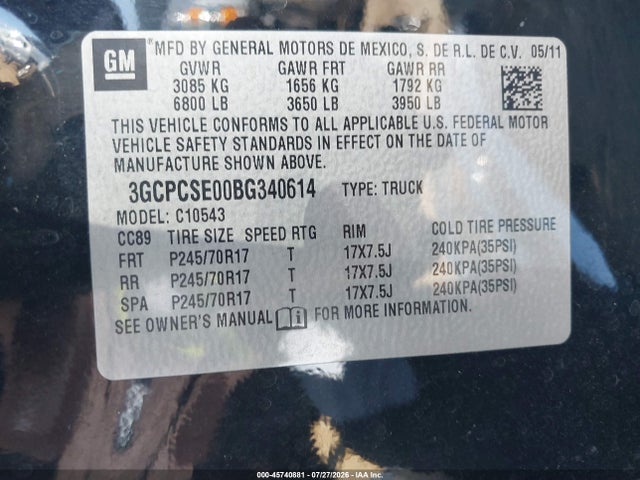 2011 Chevrolet Silverado 1500 Lt მანქანა იყიდება აუქციონზე, vin: 3GCPCSE00BG340614, აუქციონის ნომერი: 45740881