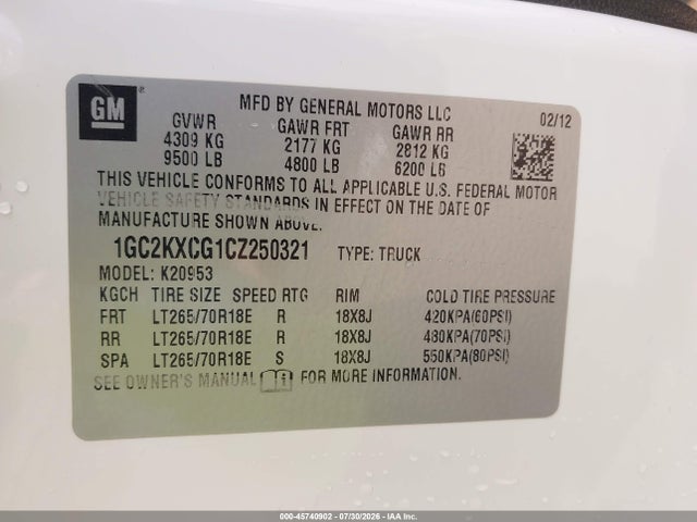 Aukcja sprzedaży 2012 Chevrolet Silverado 2500hd Lt, vin: 1GC2KXCG1CZ250321, numer aukcji: 45740902