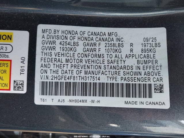 Продажа на аукционе авто 2026 Honda Civic Hybrid Sport/sport Touring, vin: 2HGFE4F81TH317514, номер лота: 45740905