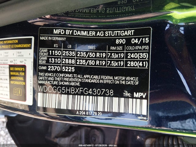 45740912 :رقم المزاد ، WDCGG5HBXFG430738 vin ، 2015 Mercedes-benz Glk 350 مزاد بيع