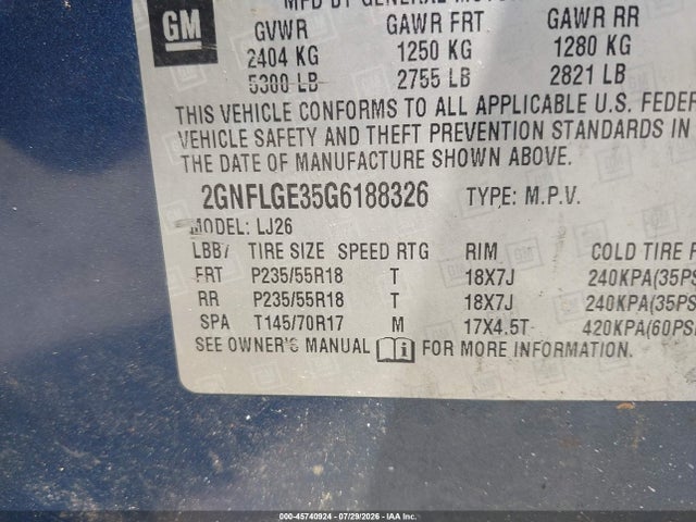 45740924 :رقم المزاد ، 2GNFLGE35G6188326 vin ، 2016 Chevrolet Equinox Ltz مزاد بيع