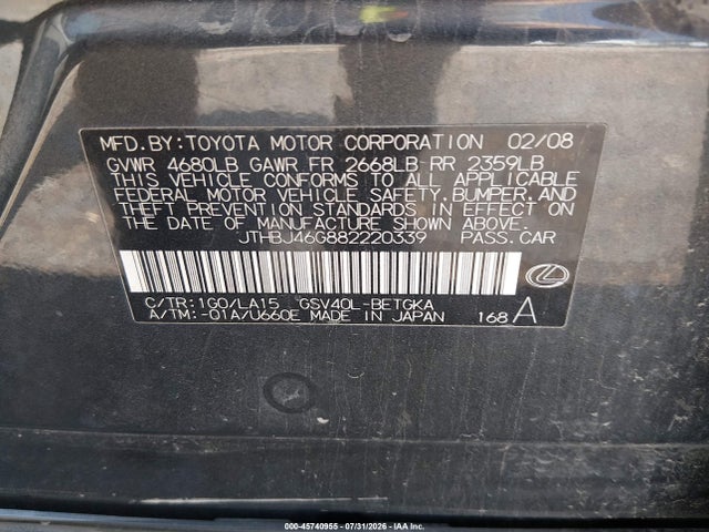 45740955 :رقم المزاد ، JTHBJ46G882220339 vin ، 2008 Lexus Es 350 مزاد بيع