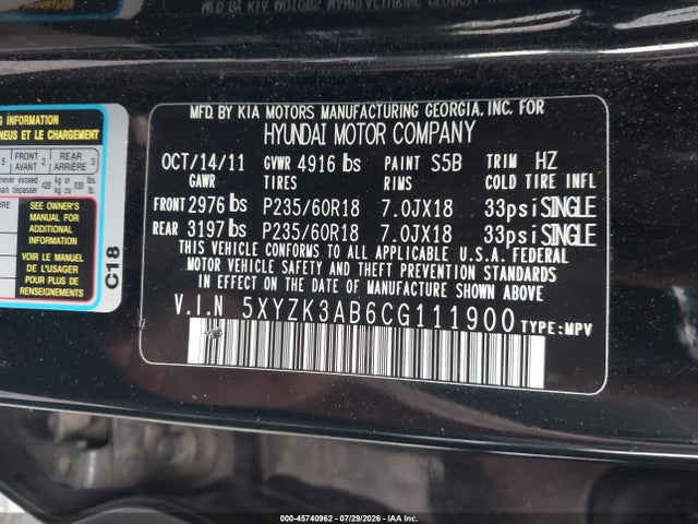 Продаж на аукціоні авто 2012 Hyundai Santa Fe Limited, vin: 5XYZK3AB6CG111900, номер лоту: 45740962