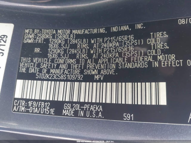 Продажа на аукционе авто 2008 Toyota Sienna Ce, vin: 5TDZK23C58S109792, номер лота: 45740964