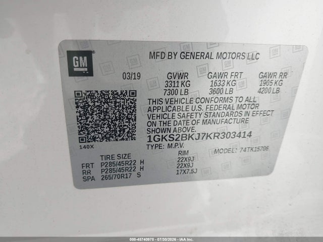 Aukcja sprzedaży 2019 Gmc Yukon Slt, vin: 1GKS2BKJ7KR303414, numer aukcji: 45740970