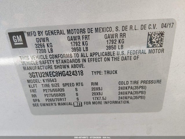2017 Gmc Sierra 1500 Slt მანქანა იყიდება აუქციონზე, vin: 3GTU2NEC8HG424318, აუქციონის ნომერი: 45740972