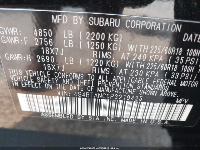 45740979 :رقم المزاد ، 4S4BTANC0P3219425 vin ، 2023 Subaru Outback Limited مزاد بيع