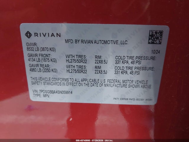 45740990 :رقم المزاد ، 7PDSGBBA4SN059914 vin ، 2025 Rivian R1s Adventure Dual Motor Large Pack/adventure Dual Motor Max Pack مزاد بيع