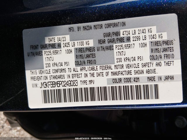 Aukcja sprzedaży 2023 Mazda Cx-5 2.5 S Select, vin: JM3KFBBM6P0249083, numer aukcji: 45741015