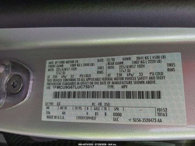 2020 Ford Escape Se მანქანა იყიდება აუქციონზე, vin: 1FMCU9G67LUC75017, აუქციონის ნომერი: 45741020