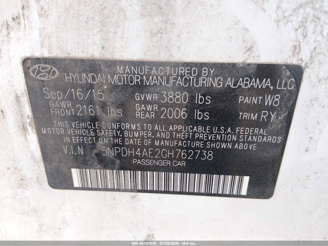 Aukcja sprzedaży 2016 Hyundai Elantra Value Edition, vin: 5NPDH4AE2GH762738, numer aukcji: 45741025