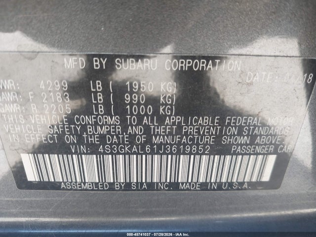 45741037 :رقم المزاد ، 4S3GKAL61J3619852 vin ، 2018 Subaru Impreza 2.0i Sport مزاد بيع