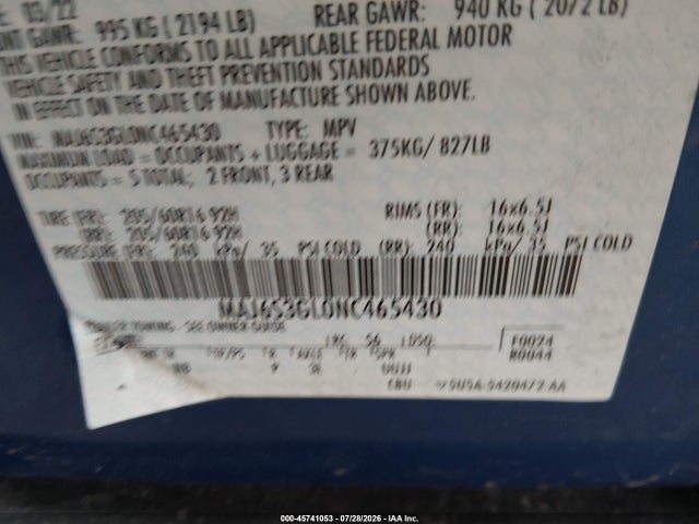 2022 Ford Ecosport Se მანქანა იყიდება აუქციონზე, vin: MAJ6S3GL0NC465430, აუქციონის ნომერი: 45741053