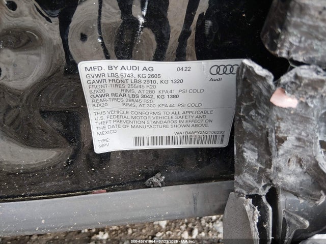 45741064 :رقم المزاد ، WA1B4AFY2N2106293 vin ، 2022 Audi Sq5 Premium Plus Tfsi Quattro Tiptronic مزاد بيع