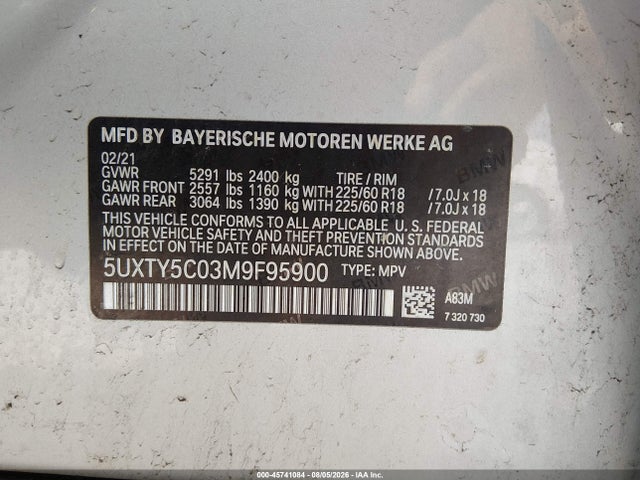 Aukcja sprzedaży 2021 Bmw X3 Xdrive30i, vin: 5UXTY5C03M9F95900, numer aukcji: 45741084