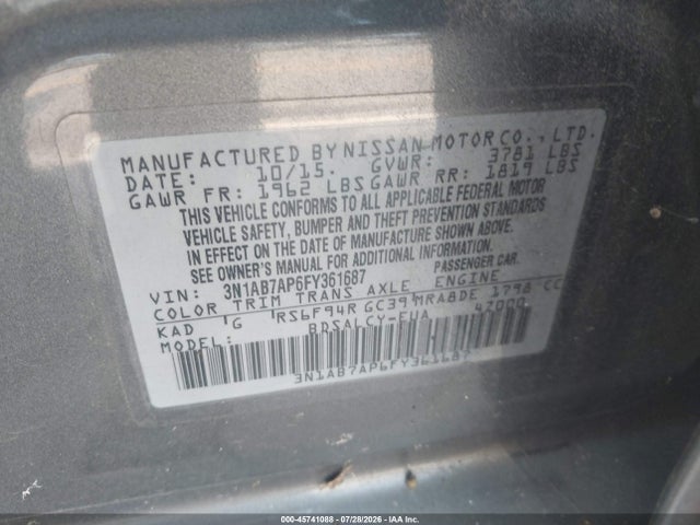45741088 :رقم المزاد ، 3N1AB7AP6FY361687 vin ، 2015 Nissan Sentra S مزاد بيع