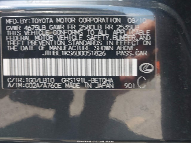 45741085 :رقم المزاد ، JTHBE1KS6B0051826 vin ، 2011 Lexus Gs 350 مزاد بيع