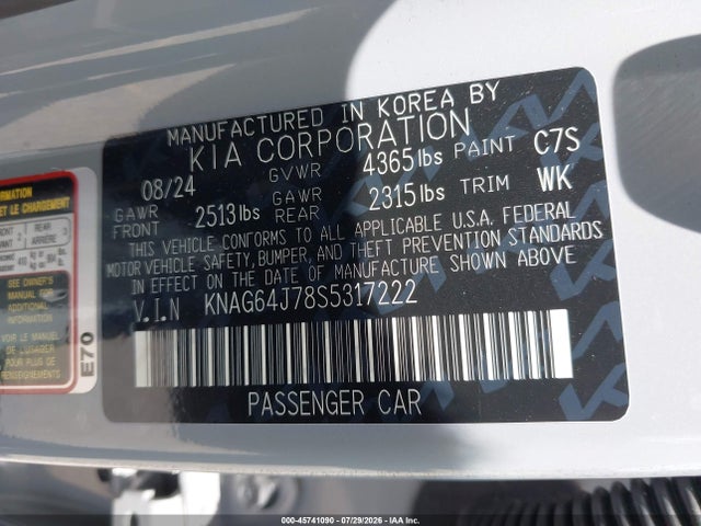 Aukcja sprzedaży 2025 Kia K5 Gt-line, vin: KNAG64J78S5317222, numer aukcji: 45741090