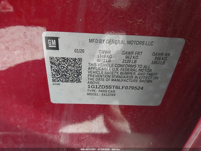 2020 Chevrolet Malibu Fwd Lt მანქანა იყიდება აუქციონზე, vin: 1G1ZD5ST6LF079524, აუქციონის ნომერი: 45741091