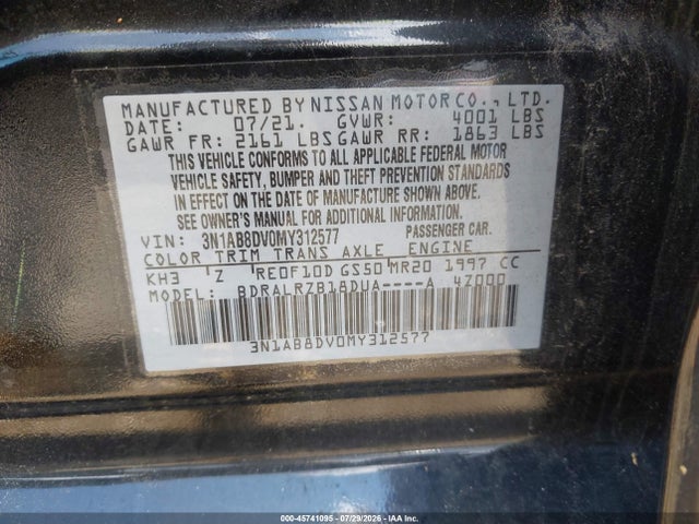 2021 Nissan Sentra Sr Xtronic Cvt მანქანა იყიდება აუქციონზე, vin: 3N1AB8DV0MY312577, აუქციონის ნომერი: 45741095