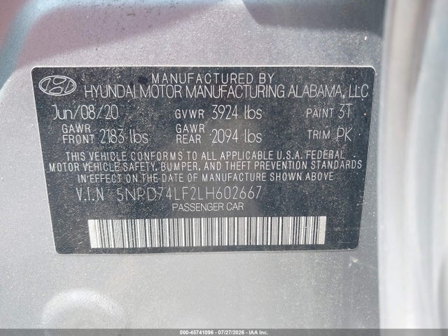 Продаж на аукціоні авто 2020 Hyundai Elantra Se, vin: 5NPD74LF2LH602667, номер лоту: 45741096