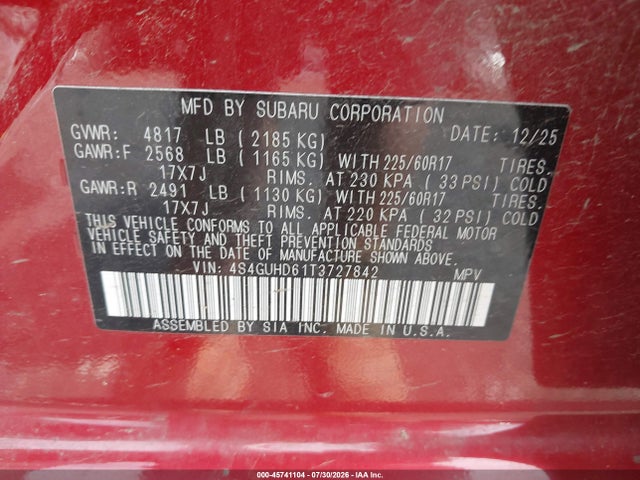Продажа на аукционе авто 2026 Subaru Crosstrek Premium, vin: 4S4GUHD61T3727842, номер лота: 45741104