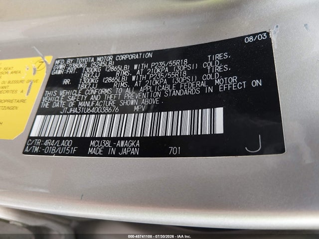 Aukcja sprzedaży 2004 Lexus Rx 330, vin: JTJHA31U640038676, numer aukcji: 45741108