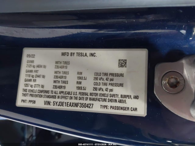 5YJ3E1EAXNF350427 Tesla Model 3 Rear-wheel Drive